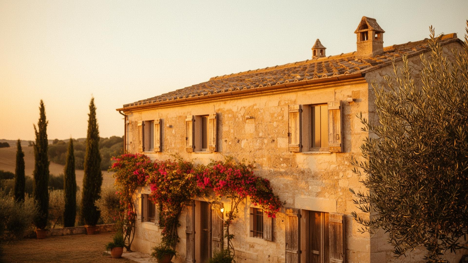 A traditional Italian stone farmhouse bathed in golden Mediterranean light, with cypress trees and olive branches